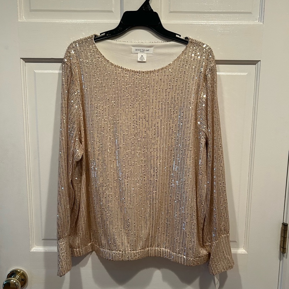 SKYES THE LIMIT WOMANS LONG SLEEVE GOLD SEQUINED DRESSY BLOUSE SIZE 2X